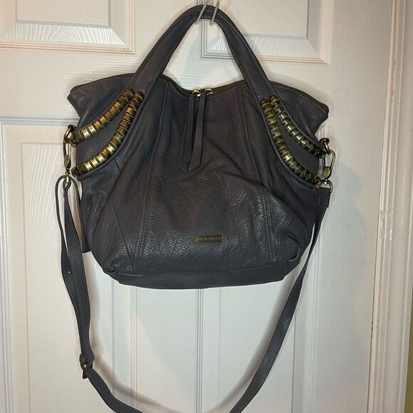 Kelsi Dagger Leather Gray Hobo Crossbody Shoulder bag  With Brass Rivets - Picture 1 of 15